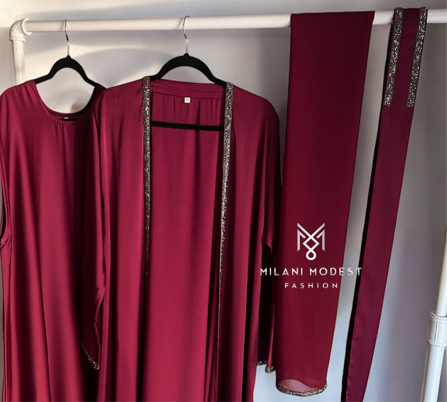 Burgundy Elegance: Four-Piece Silk Abaya with Stone Accents