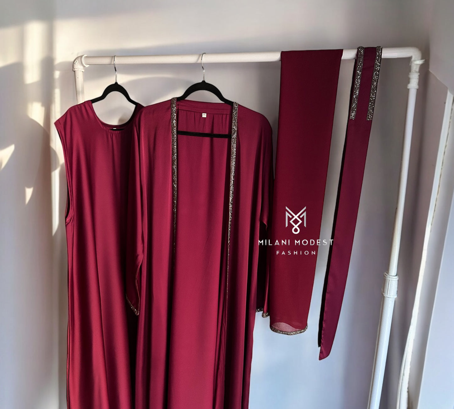 Burgundy Elegance: Four-Piece Silk Abaya with Stone Accents